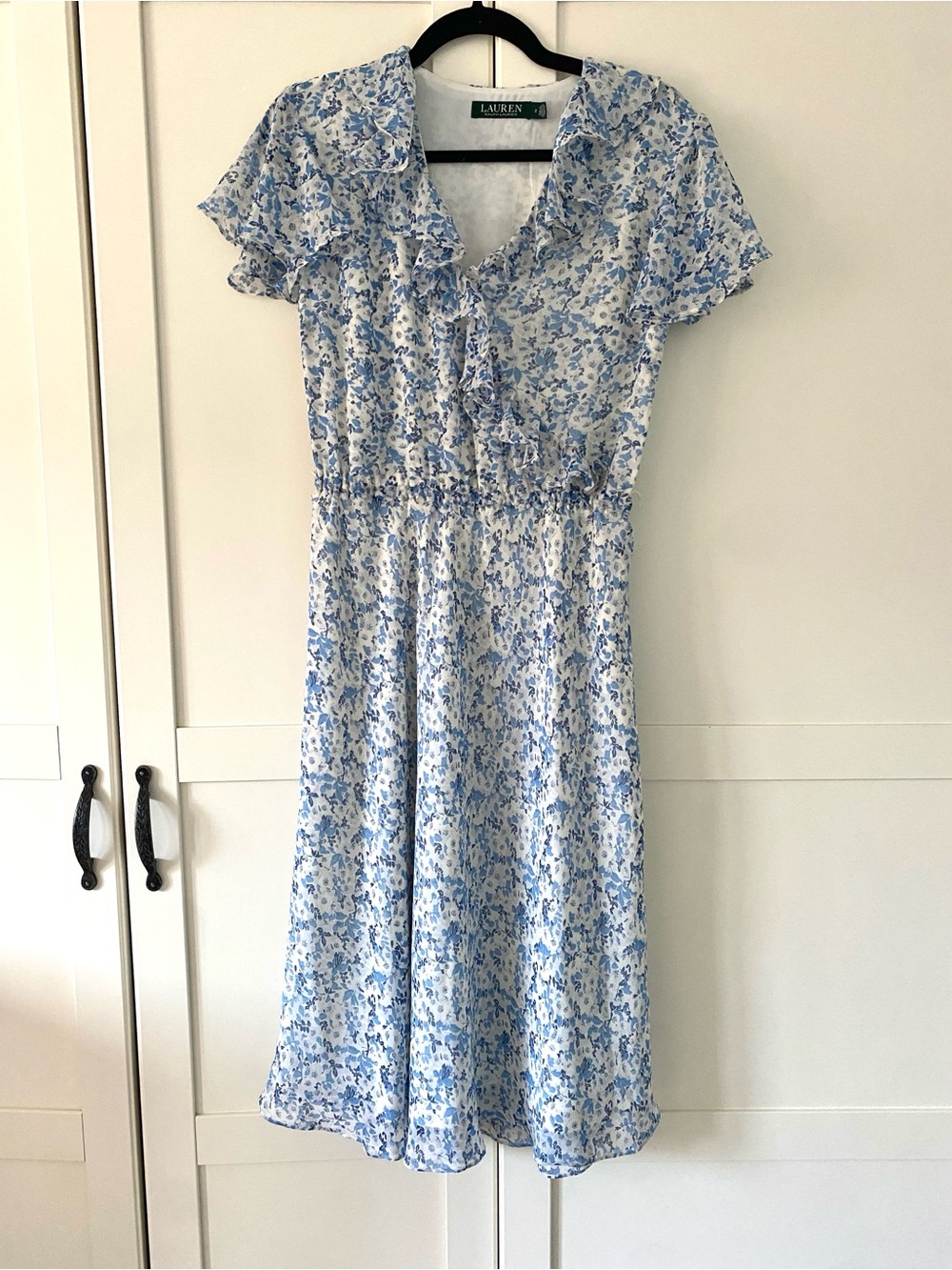 Lauren Ralph Lauren Light Blue Floral Ruffle-Trim Midi Dress